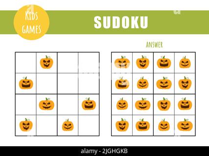 Sudoku für Kinder. Aktivitätsblatt für Kinder. Puzzle-Spiel mit halloween Kürbisse. Bildungs- und Freizeitkonzept. Vektorgrafik in flacher Karikatur Stock Vektor
