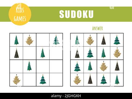Sudoku für Kinder. Aktivitätsblatt für Kinder. Puzzle-Spiel mit weihnachtsbäumen. Bildungs- und Freizeitkonzept. Vektor-Illustration im flachen Cartoon-Stil Stock Vektor