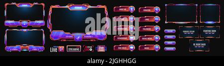 Overlay-Spiel-Schnittstelle, Neon-Bildschirm-Panel und Rahmen, Vektor-UI-Vorlage. Spiele-Interface-Overlay von Live-Stream-Tasten, Gamer-Video-Twitch und Name t Stock Vektor