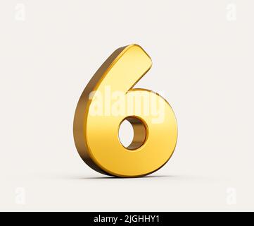 3D Darstellung der goldenen Zahl 6 oder sechs isoliert auf beigem Hintergrund mit Schatten. Für Netz Stockfoto