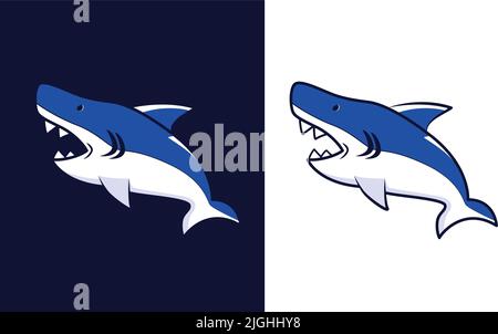 Vektordarstellung eines blauen Hais, der seinen Mund öffnet. Geeignet für Spielfiguren, Spielsymbole, Kleidungsaufkleber, PIN-Aufkleber usw. Stock Vektor