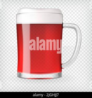 Realistischer Bierkrug. Glas mit rotem Bier und Blasen. Grafisches Design-Element für eine Brauerei-Anzeige, Biergarten-Poster, Flyer und Drucksachen. Transparent V Stock Vektor