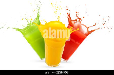 Drei Gläser Säfte, die auf Weiß spritzt Stockfoto