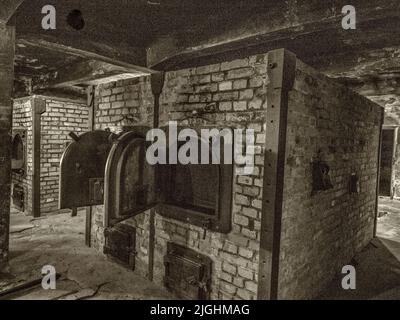 Oświęcim, Polen - 05. Juni 2019: Krematoriumofen im Auschwitz-Museum. Im Konzentrationslager Auschwitz-Birkenau in Oświęcim, Polen. Europa. Stockfoto