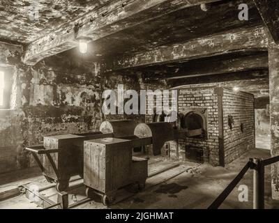 Oświęcim, Polen - 05. Juni 2019: Krematoriumofen im Auschwitz-Museum. Im Konzentrationslager Auschwitz-Birkenau in Oświęcim, Polen. Europa. Stockfoto