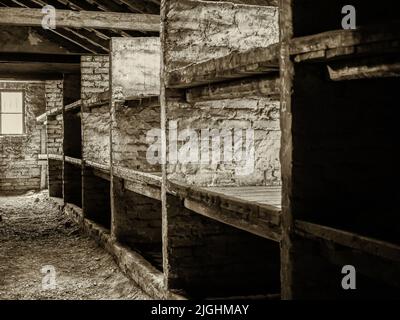 Oświęcim, Polen - Juni 2019: Innenraum der Baracke im Konzentrationslager Auschwitz-Birkenau. Jüdisches Vernichtungslager. Europa Stockfoto