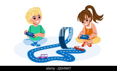 Junge Und Mädchen Spielen Car Tracks Zusammen Vektor Stock Vektor