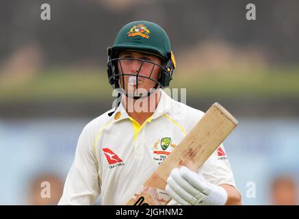 Galle, Sri Lanka. 11.. Juli 2022. Der Australier Marnus Labuschagne reagiert darauf, nachdem er am 11.. Juli 2022 am 4.. Tag des Test-Cricket-Spiels 2. zwischen Sri Lanka und Australien im Galle International Cricket Stadium in Galle entlassen wurde. Viraj Kothalwala/Alamy Live News Stockfoto