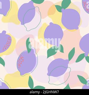 Nahtloses Muster. Modernes Tapetendesign. Handgezeichnete lila Zitronen auf pastellfarbenem Hintergrund. Vektor-Design für Papier, Cover, Stoff, Inneneinrichtung Stock Vektor