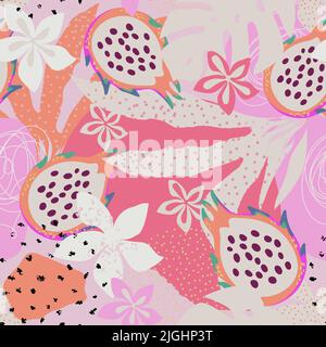 Modernes, exotisches Design. Abstraktes, nahtloses, handgezeichnetes Muster. Pitahaya oder Drachenfrucht, exotische Blätter und Blumen. Geeignet für Tapeten, Kleidung Stock Vektor