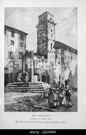 SAN GIMIGNANO . Andrew F. Affleck, R.E. San Gimignano (italienische Aussprache: [san dʒimiɲˈɲaːno]) ist eine kleine, von Mauern umgebene mittelalterliche Hügelstadt im Landkreis Siena, Toskana, Nordmittelitalien. Bekannt als die Stadt der Schönen Türme, ist San Gimignano berühmt für seine mittelalterliche Architektur, einzigartig in der Erhaltung von etwa einem Dutzend seiner Turmhäuser,[3] die, mit seiner Hügelkulisse und umlaufenden Mauern aus dem "Buch von Italien" von Rafaello Piccoli, Erscheinungsdatum 1916 Verlag London. Unwin Stockfoto