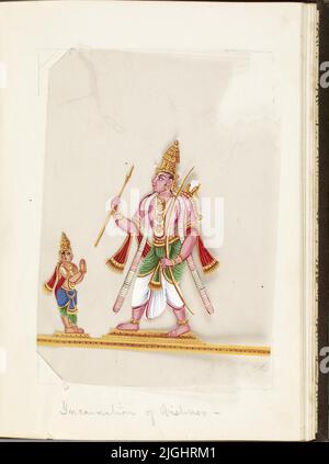 Indien, Dorfleben Indianer, Blatt aus gebunden Sammlung von 20 Miniaturen, die das Dorfleben darstellen, 1870, auf Glimmer malen, H: 7 7/8 x B: 6 5/16 Zoll (20 x 16 cm), Stockfoto