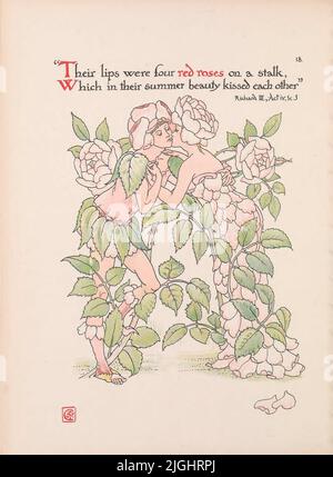 Ihre Lippen waren vier rote Rosen auf einem Stiel, die sich in ihrer sommerlichen Schönheit küssten [ Richard III. Akt IV. Szene 3 ] aus dem Buch „Blumen aus Shakespeares Garten: Ein schicker aus den Theaterstücken“, illustriert von Walter Crane, 1845-1915; Basierend auf William Shakespeare, 1564-1616 Erscheinungsdatum 1909 Verlag [London] : Cassell & Co., Ltd. Stockfoto