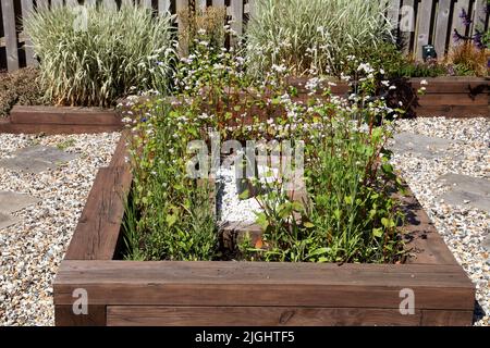 Ein Hochbett mit vielen wilden Blumen, die gut zwischen den Schlafenden wachsen, die das Bett machen. Stockfoto