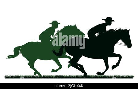 Freunde Cowboys reiten auf Pferden. Bildsilhouette. Reiter auf dem Pferderücken. Isoliert auf weißem Hintergrund Stock Vektor