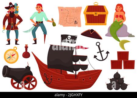Piratenartikel. Lustige Marine-Team, niedlichen Kapitän halten Schwert, Seemann und Meerjungfrau, Schiff mit schwarzen Segeln, Cartoon isolierte Elemente, Kanone und Anker Stock Vektor