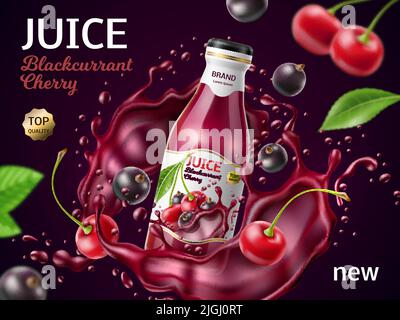 Realistisches Beerensaft-Poster. Frisches Kirsche und schwarze Johannisbeere Fruchtgetränk, fliegende Glasflasche mit flüssigen abstrakten Spritzern, Werbung Werbeartikel Stock Vektor