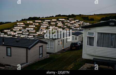 Devon Beer Head Caravan Park bei Dämmerung Sommer Stockfoto