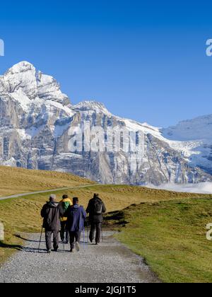 Touristen mit Rucksäcken in den Bergen. Bergwandern in den hohen Bergen. Reisen und Abenteuer. Aktives Leben. Landschaft im Sommer. Stockfoto