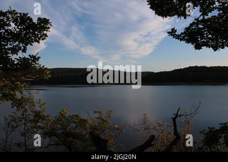 Der Blick auf den schönen See durch die Äste von Pflanzen an einem sonnigen Tag Stockfoto