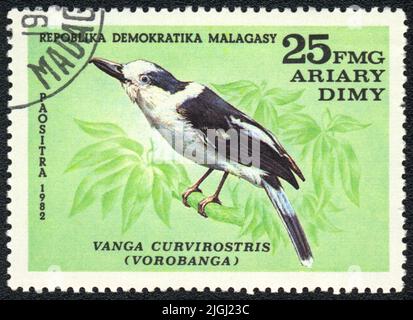 Eine in MALAGASY gedruckte Marke zeigt Hook-billed Vanga (Vanga Curvirostris, vorobanga), aus der Serie Birds, 1982 Stockfoto