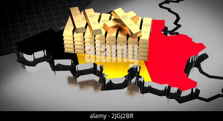 Belgien Karte und Flagge, Goldbarren - 3D Abbildung Stockfoto