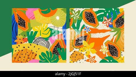 Tropische, helle, exotische Muster mit verschiedenen Formen, Papaya, einfache Elemente, Blumen, Blätter, . Ideal für Verpackung, Tapete, Wohnkultur, Kleidung Stock Vektor