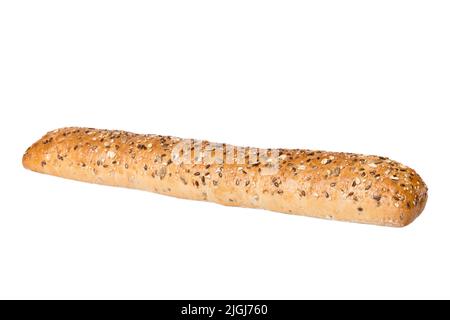 Blick von oben auf das Brot war nicht mehr so einfach. Frisch gebackenes Brot auf weißem Hintergrund isoliert. Frischer Bio-Laib. Stockfoto