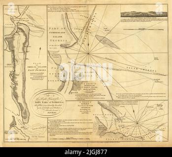 Plan von Amelia Island in East Florida, Karte des Eintritts in den St. Mary's River, Karte der Mündung des Nassau River, 1770, von Captain William Fuller Stockfoto