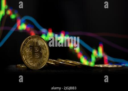 Golden Bitcoin Kryptowährung im Trading Chart Hintergrund Stockfoto