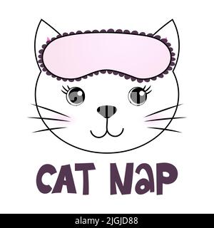 Katze Nickerchen - lustige Kritzelei, Katze mit Schlafmaske, Sterne, Herzen. Cartoon-Hintergrund, Textur für Bettwäsche, Schlafanzug. Stock Vektor