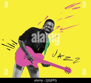 Collage aus zeitgenössischer Kunst mit einem jungen, staunenden Mann, der handgezeichnete Gitarre auf gelbem Hintergrund verspielt. Musik, Festival, Event, Partykonzept Stockfoto