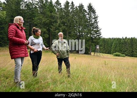 11. Juli 2022, Thüringen, Schmiedefeld am Rennsteig: Bettina Hoffmann (l-r), Parlamentarische Staatssekretärin des Bundesumweltministeriums, Britta Trostorff, Projektleiterin der Naturstiftung David, Und Olaf Bandt, Vorsitzender des Bundes für Umwelt und Naturschutz Deutschland, inspizieren beim offiziellen Start des groß angelegten Naturschutzprojekts "Bäche, Mauren und Bergwiesen im Thüringer Wald" eine Bergwiese. Das Bundesumweltministerium, das Thüringer Umweltministerium, der Bund und die Naturstiftung David starten das Projekt Stockfoto