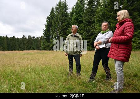 11. Juli 2022, Thüringen, Schmiedefeld am Rennsteig: Bettina Hoffmann (r-l), Parlamentarische Staatssekretärin des Bundesumweltministeriums, Britta Trostorff, Projektleiterin der Naturstiftung David, Und Olaf Bandt, Vorsitzender des Bundes für Umwelt und Naturschutz Deutschland, inspizieren beim offiziellen Start des groß angelegten Naturschutzprojekts "Bäche, Mauren und Bergwiesen im Thüringer Wald" eine Bergwiese. Das Bundesumweltministerium, das Thüringer Umweltministerium, der Bund und die Naturstiftung David starten das Projekt Stockfoto