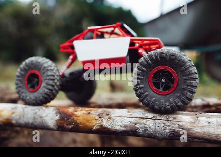 Raupenfahrt auf Holzbalken Seitenansicht Stockfoto