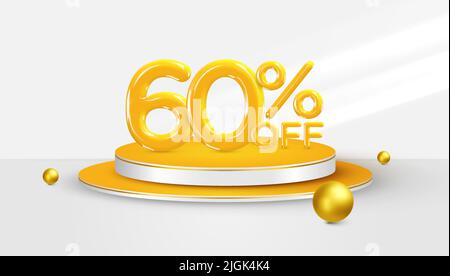 60 % Rabatt. 3D sechzig Prozent Bonus-Symbol auf einer Podestbühne. Verkauf Banner oder Poster Design. Vektorgrafik. Stock Vektor