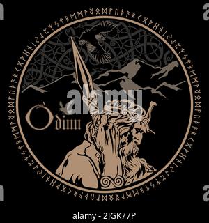 Design im altnordischen Stil. Der alte nordische Gott Odin mit Speer und Krähen vor dem Hintergrund eines skandinavischen Ornaments und Bergen Stock Vektor