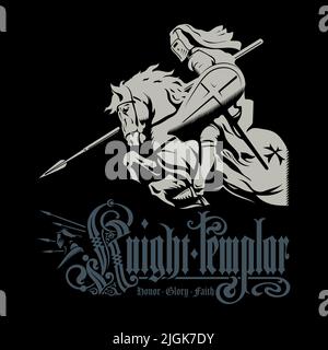 Mittelalterliches Ritterdesign. Knight Crusader auf einem Kriegspferd mit Schild und Speer Stock Vektor
