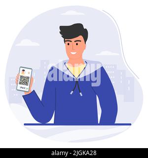 Vektor-Illustration man verwendet Handy-App, um QR-Code-Zahlung zu scannen. Elektronische Geldbörse. Barcodeleser. Bargeldlose Technologie. Digitales Geld. Covid Neu Stock Vektor