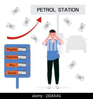 Vektorgrafik der Mensch ist aufgebracht. Steigende Benzinpreise. Der Benzinpreis wird viel zu hoch. Preisschwankungen. Lage auf dem Kraftstoffmarkt. Busin Stock Vektor