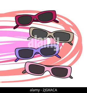 Eine Sonnenbrille, eine rechteckige Brille, verschiedene Farben, auf einem geometrischen rosa Hintergrund, Flugzubehör Stock Vektor