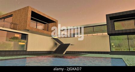 Herrliche Abendansicht eines modernen Landhauses mit Pool. 3D Rendern. Eine tolle Idee für ein Werbebanner für den Immobilienverkauf. Stockfoto