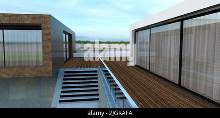 Geräumiges vorgerücktes Landhaus. Holzterrasse. Betontreppen. Große Fenster mit wunderschönen Vorhängen. 3D Rendern. Stockfoto