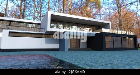 Luxuriöses fortschrittliches High-Tech Landhaus. Sonniger Tag im Herbstwald. 3D Rendern. Stockfoto