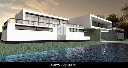 Ruhiger Abend nach Sonnenuntergang. Modernes Landhaus mit High-Tech-Swimmingpool. 3D Rendern. Schönes Banner für die Werbung von Immobilien. Stockfoto