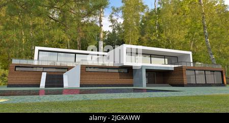 Erstaunlich gemütliches High-Tech-Landhaus mit einer Dachterrasse in einem schönen Wald. Holzfassade. 3D Rendern. Geeignet für eine Zeitschrift über moderne Real Stockfoto