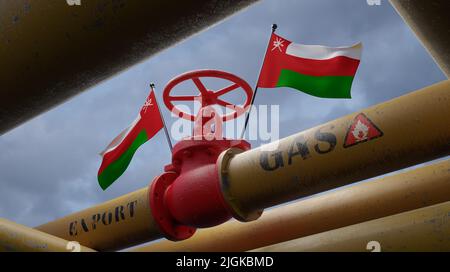 Ventil an der Hauptgasleitung Oman, Pipeline mit Flaggen Oman, Gasleitungen aus Oman, Gasexport durch Oman, 3D Arbeit und 3D Bild Stockfoto
