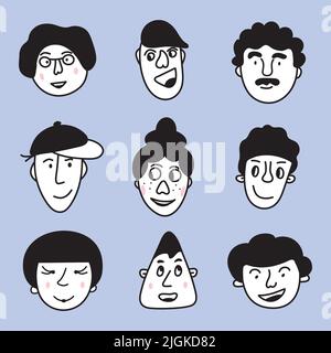 Set von Köpfen verschiedener Charaktere, Avatar oder Porträt für Individualität Social Web. Die schwarz-weiße Vektorgrafik im Doodle-Art-Stil Stock Vektor
