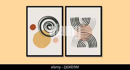 Abstrakte minimalistische Wandkunst in Grün, Gelb und Orange. Einfacher Linienstil. Geometrische Formen, Kreise, moderne kreative Muster. Stock Vektor