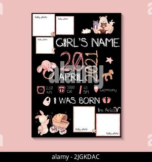 Mädchen Poster, Größe, Gewicht, Geburtsdatum. Vektor-Illustration von Teddybär und Babybedarf auf rosa, schwarzem Hintergrund. Stock Vektor